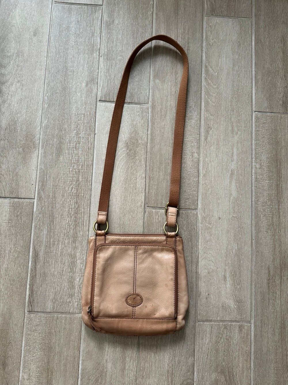 Vintage Fossil Leather Crossbody Bag Tan Brown Organizer Purse Y2K Boho Medium